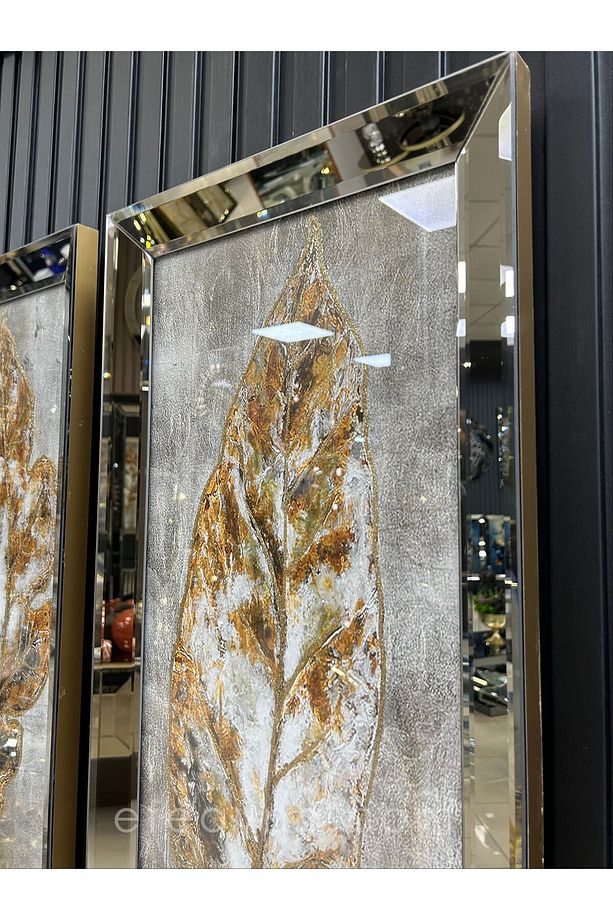 GÜZ YAPRAKLARI- 3'LÜ BRONZ AYNA TABLO SETİ-40x90cm  (40x90cm  x 3adet tablo ) - 5