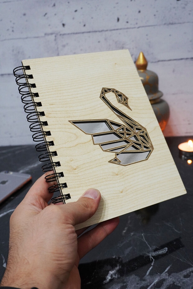 Swan-Shaped Wooden Cover Notebook - Unlined Notebook - Diary - Planner - A5 Memory Book