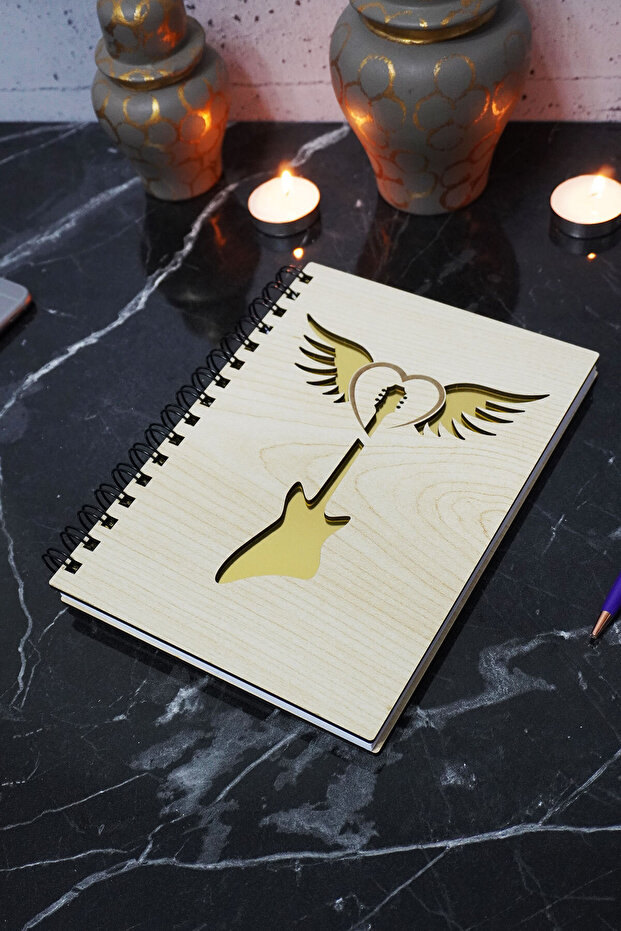 Guitar Wing Themed Wooden Cover Notebook - Unlined Notebook - Diary - Planner - A5 Memory Book