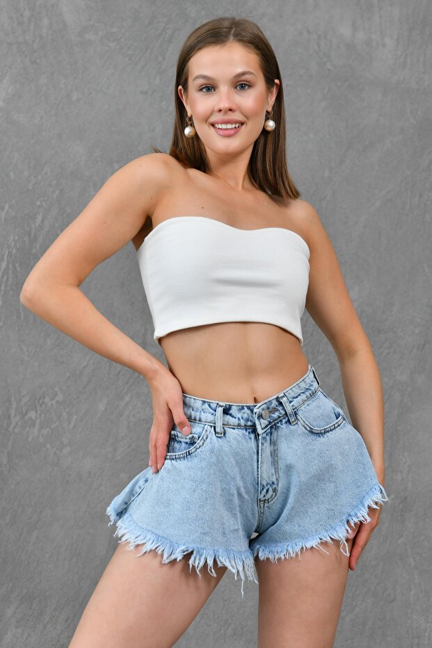 Light Blue Tasseled High Waist Lycra-Free Flared Wide Cut Denim Shorts 70355