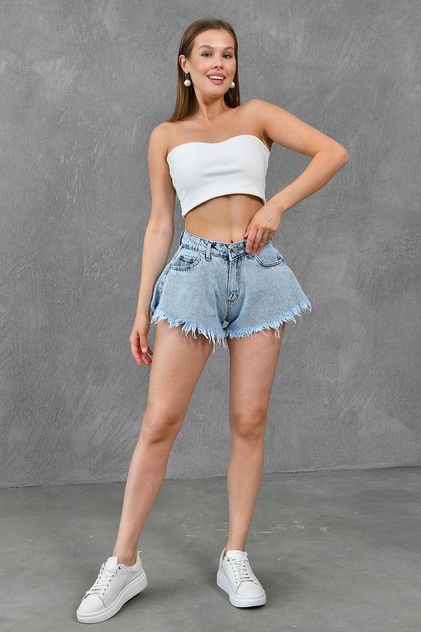 Kadın Paça Ucu Püsküllü Yüksek Bel Likrasız Volanlı Kesim Açık Mavi Kot Şort Denim Şort 70355 - 7
