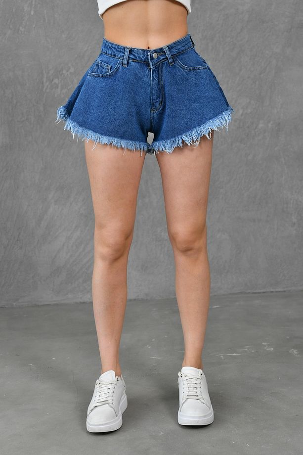 Kadın Paça Ucu Püsküllü Yüksek Bel Likrasız Volanlı Kesim Koyu Mavi Kot Şort Denim Şort 70366 - 8