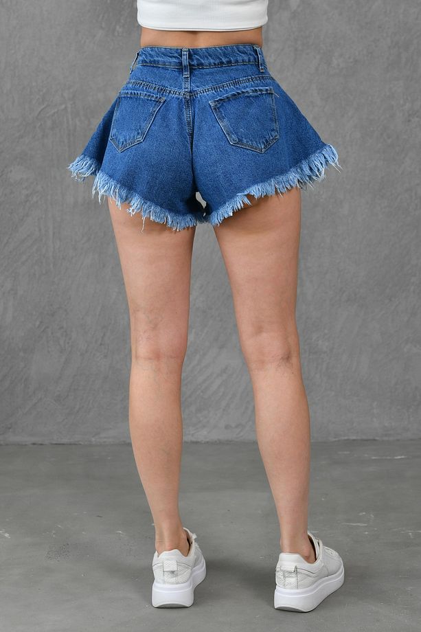 Kadın Paça Ucu Püsküllü Yüksek Bel Likrasız Volanlı Kesim Koyu Mavi Kot Şort Denim Şort 70366 - 4