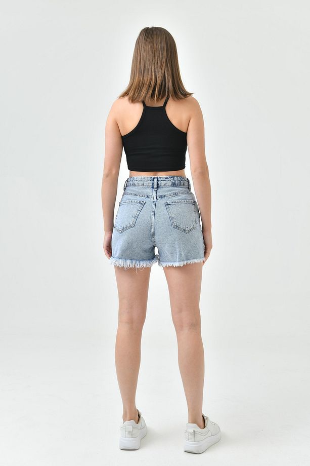 Kadın Yırtık Yüksek Bel Likrasız Açık Mavi Kot Şort Yırtık Denim Şort 70363 - 5
