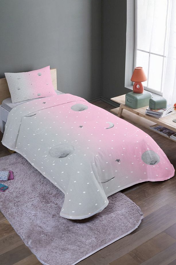 Pembe Gri Uzay Desenli Tek Kişilik Pike Takımı Ve Yatak Örtüsü - 2