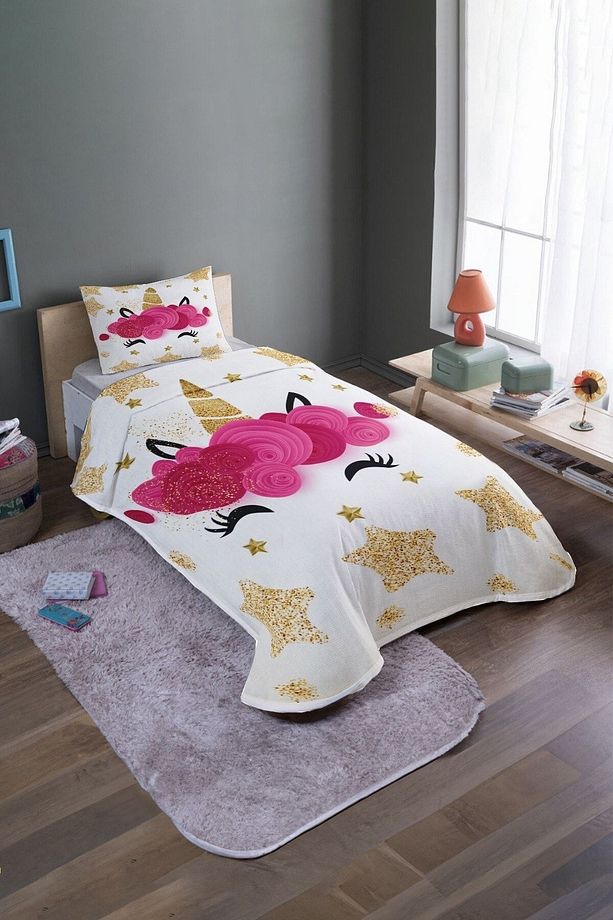Altın Unicorn Taçı Desenli Tek Kişilik Yatak Örtüsü Ve Pike Takımı - 2