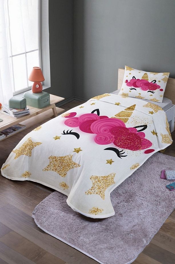 Altın Unicorn Taçı Desenli Tek Kişilik Yatak Örtüsü Ve Pike Takımı - 1