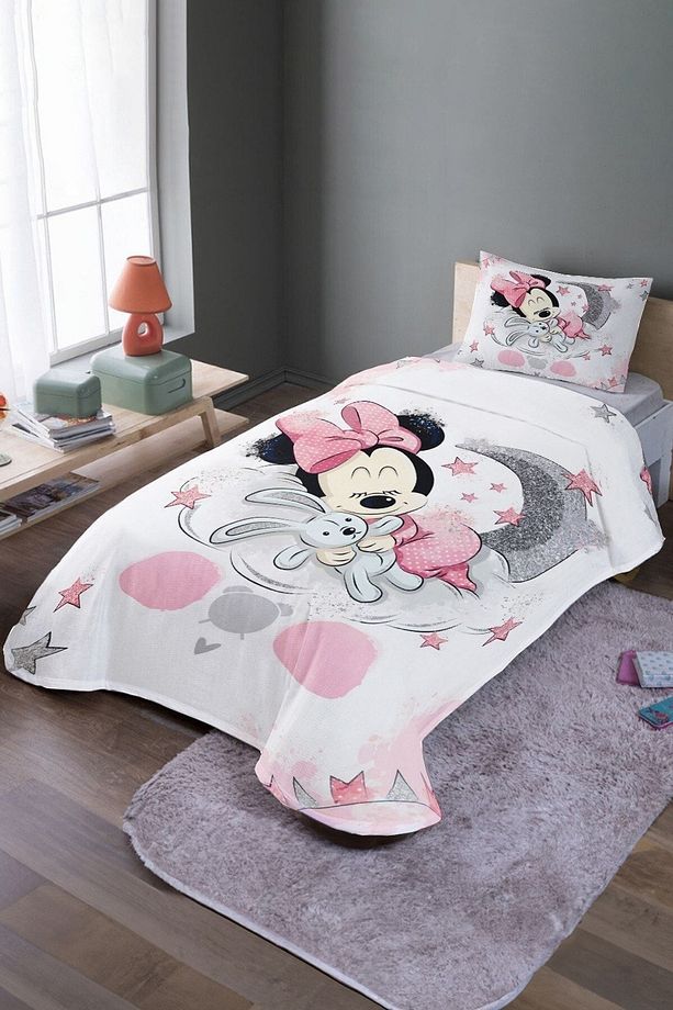 Uyuyan Minnie Desenli Tek Kişilik Yatak Örtüsü Ve Pike Takımı - 1