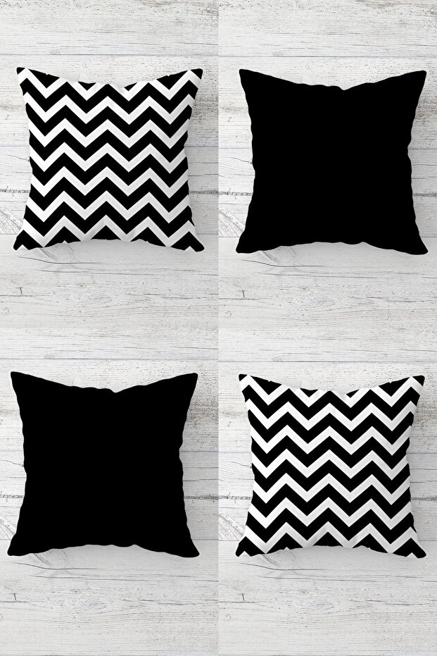 Zigzag Patterned and Plain Combination Concealed Zippered Throw Pillow Cover Sofa Pillow Cover Set (4pcs)