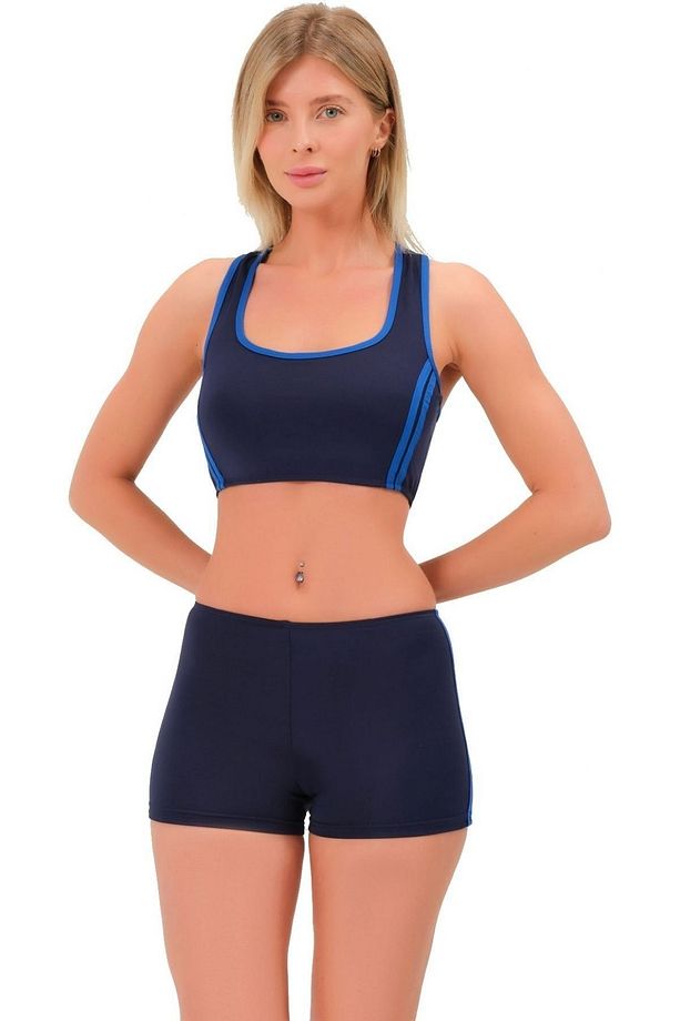 Şeritli Şortlu Yüzücü Bikini 5509 Lacivert - 4