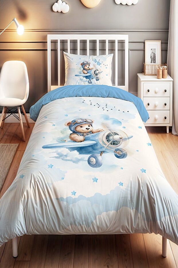 Cute Teddy Bear Pilot Patterned Single Baby Kids Bedding Set