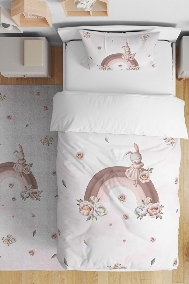 Rainbow Floral Rabbit Patterned Single Baby Kids Bedding Set