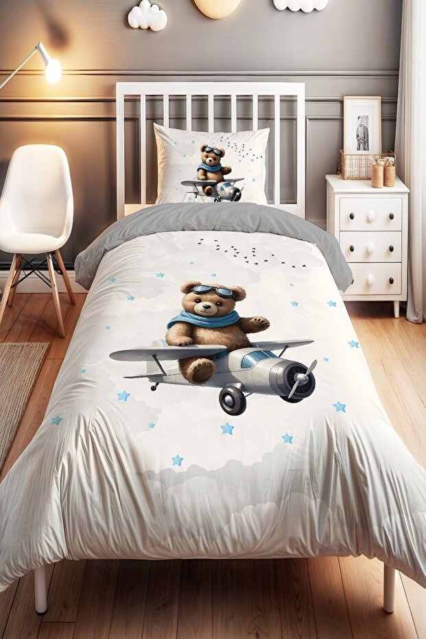 Gray Airplane Teddy Bear Patterned Single Baby Kids Bedding Set