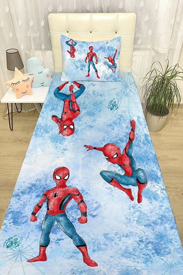 Triple Blue Spiderman Bedspread and Pillowcase