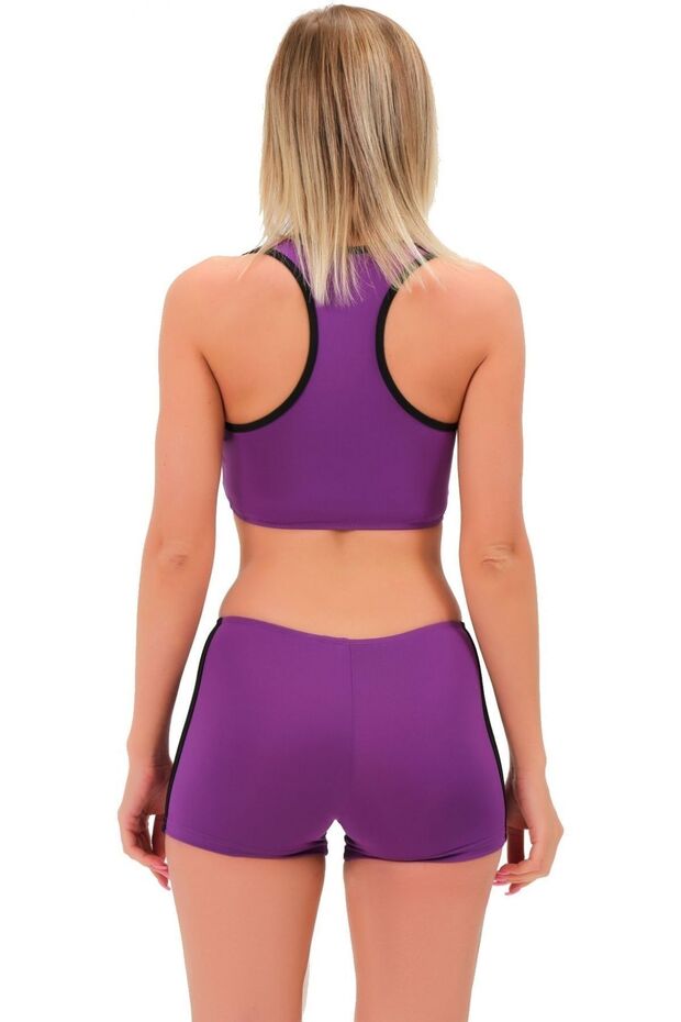 Şeritli Şortlu Yüzücü Bikini 5509 Mor - 7