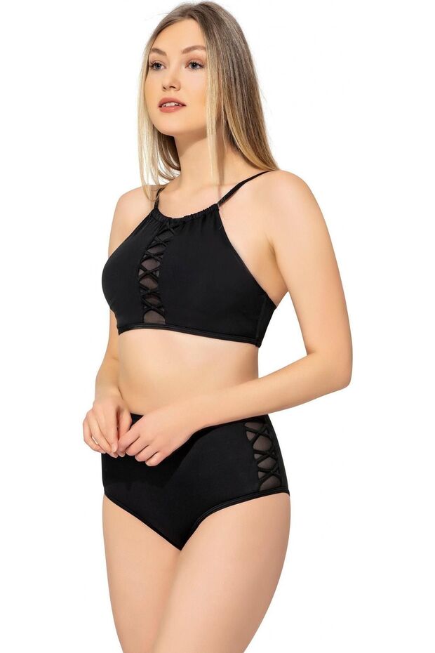 Tüllü Bağcıklı Yüksek Bel Bikini 5021 Siyah - 1