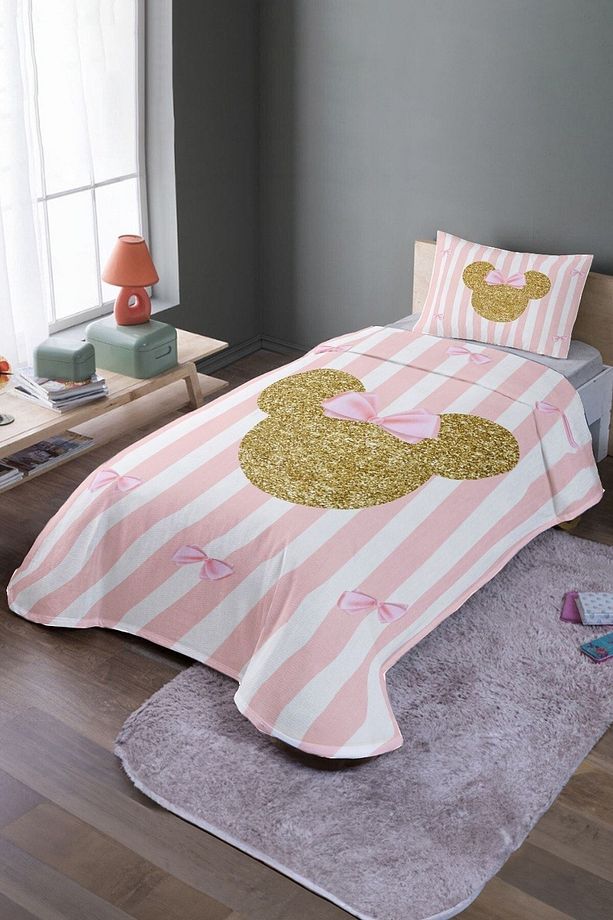 Pembe Kurdelalı Altın Mickey Desenli Tek Kişilik Pike Takımı Ve Yatak Örtüsü - 1