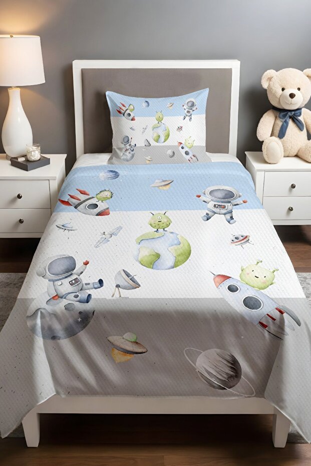Blue Gray Space Patterned Pique Set (160x230cm)