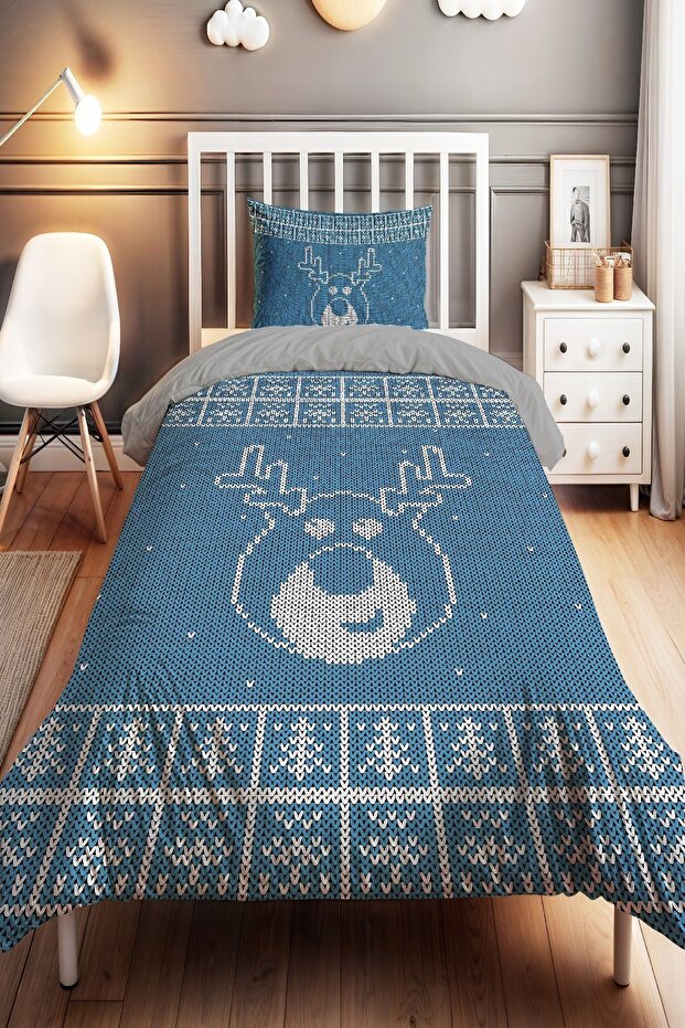 Cross Stitch Blue Deer Patterned Single Baby Kids Bedding Set