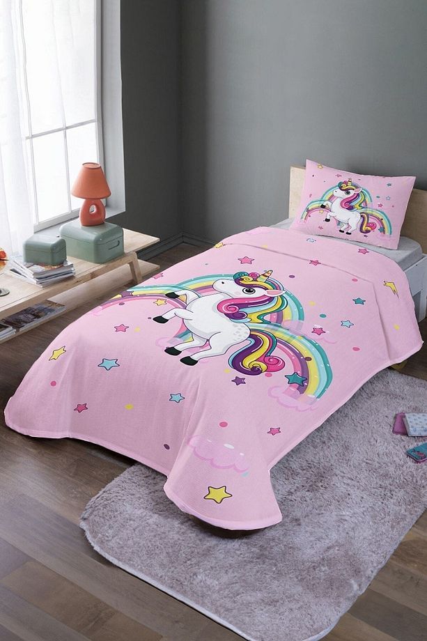 Pembe Gökkuşandaki Unicorn Desenli Tek Kişilik Pike Takımı Ve Yatak Örtüsü - 1