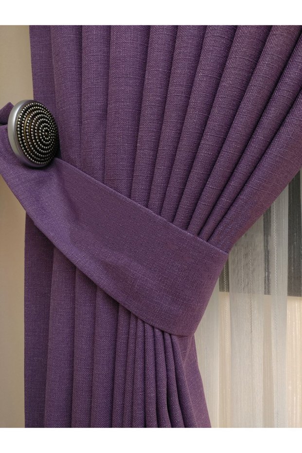 Dark Lilac Solid Color Linen Background Curtain, Pleatless Plain Sewing, Extrafor Drawstring, Single Wing