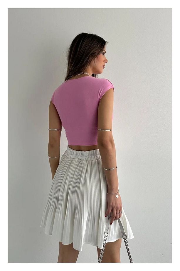 30528 Pamuk ve Modal  Karışımlı Crop Top-Pembe - 3