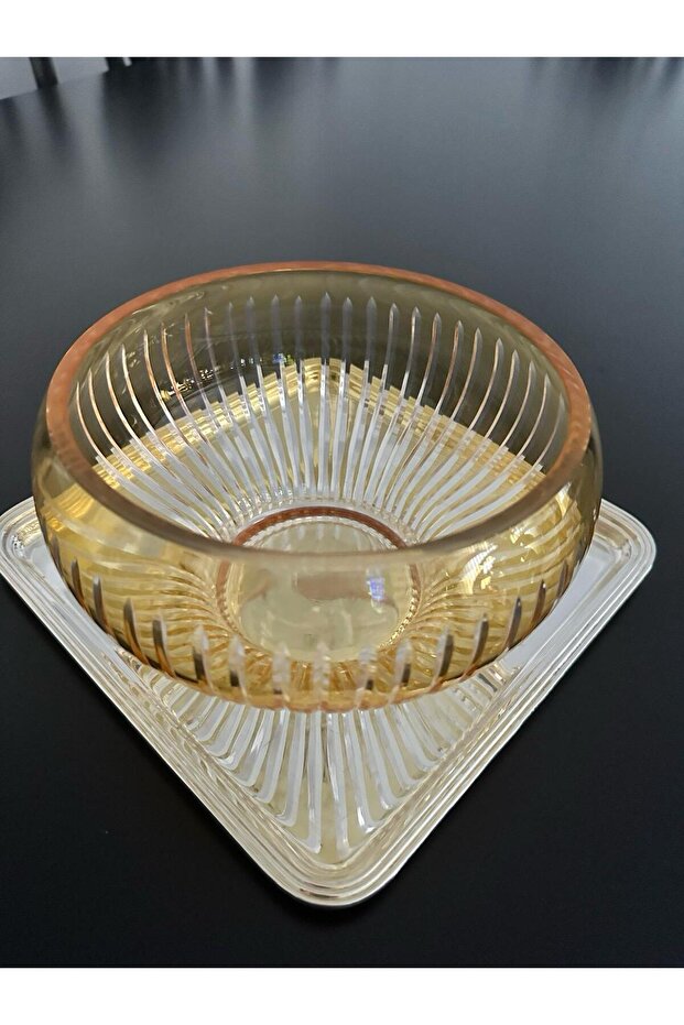 Crystal Cut Round Glass Salad Bowl Amber