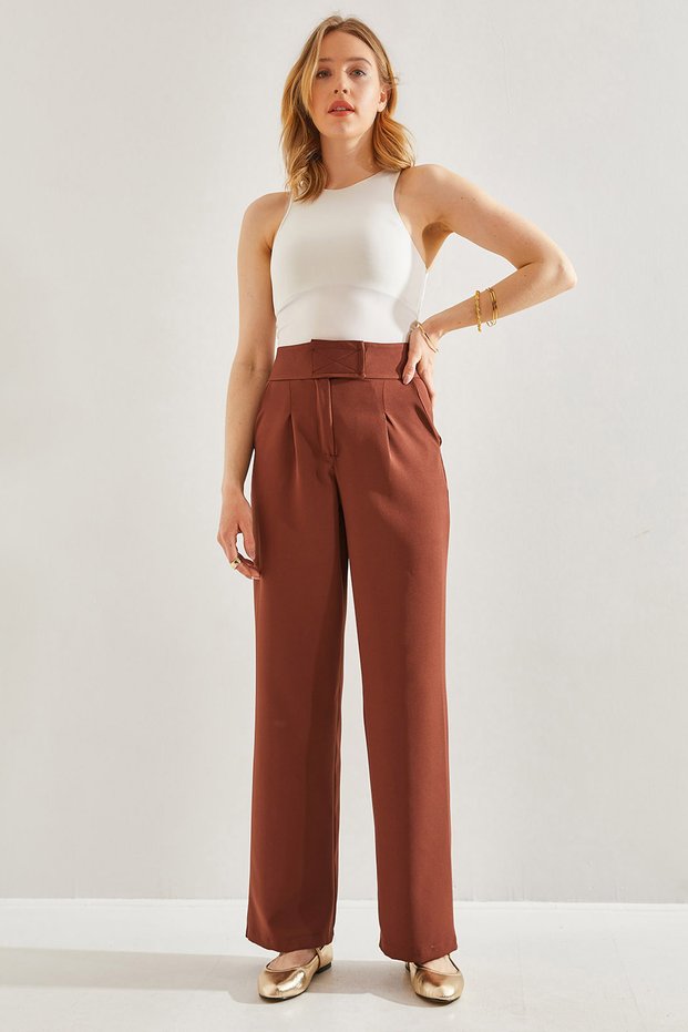 Women's Brown Double Fabric Velcro High Waist Palazzo Trousers 60221010