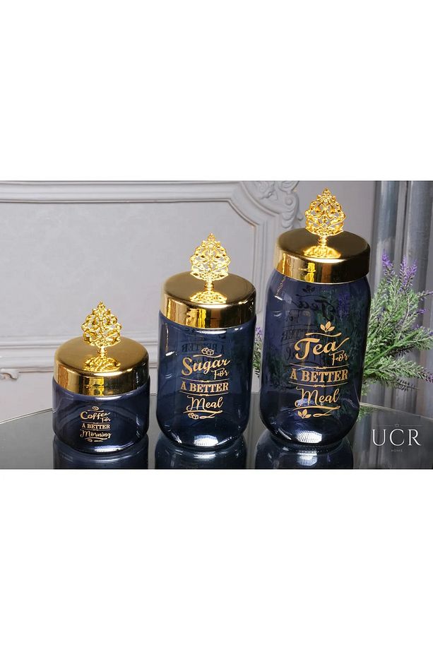 3'lü Lüks Cam Tea/Coffee/Sugar Çay Kahve Şeker Kavanoz Seti 400 Ml. 700 Ml. 950 Ml. - 1