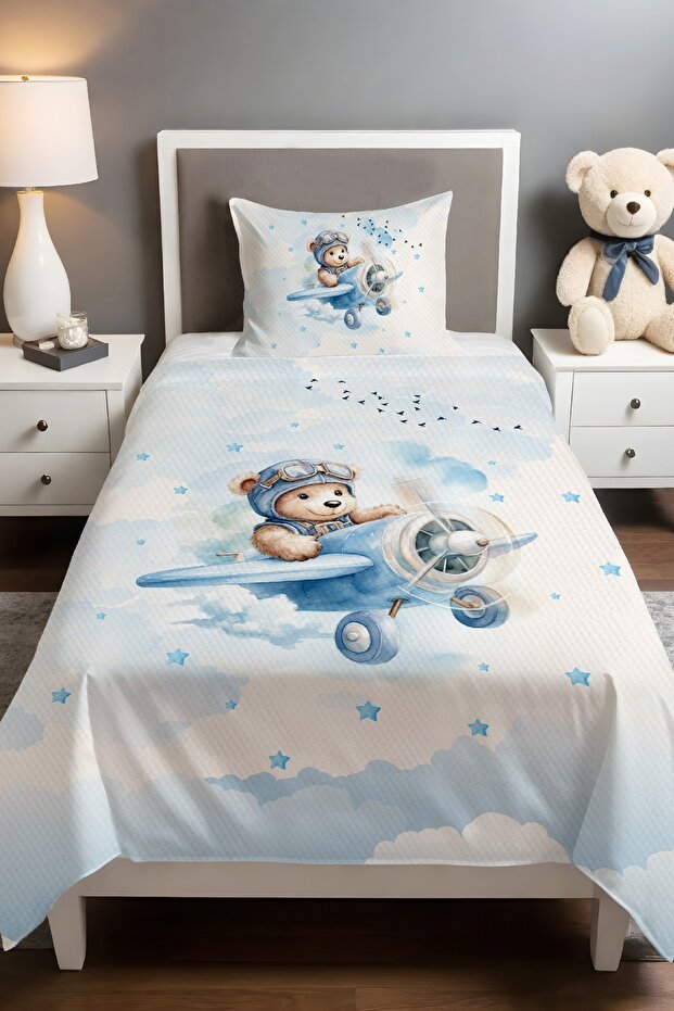 Cute Teddy Bear Pilot Patterned Pique Set (160x230cm)