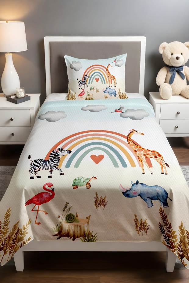 Rainbow Nature Safari Patterned Pique Set (160x230cm)
