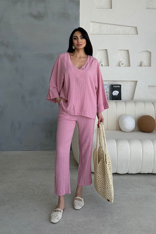 Pembe Alt Üst V Yaka Gofre Takım - 6