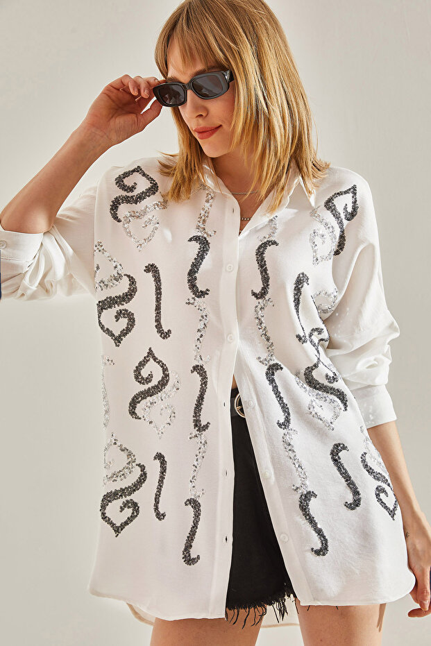 Women's Ecru Embroidered Stone Oversize Shirt 60251032