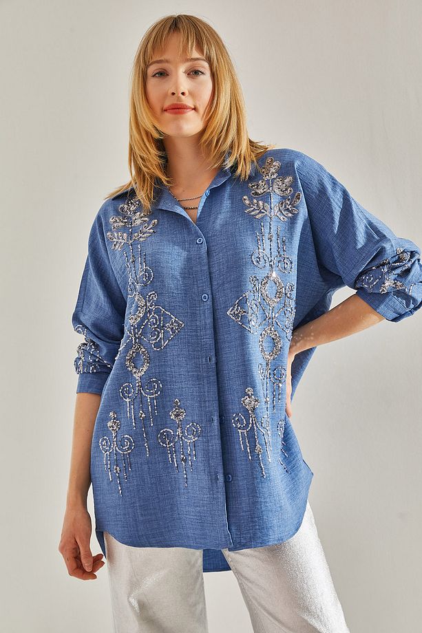 Kadın Mavi Işlemeli Taşlı Oversize Gömlek 60251031 - 7