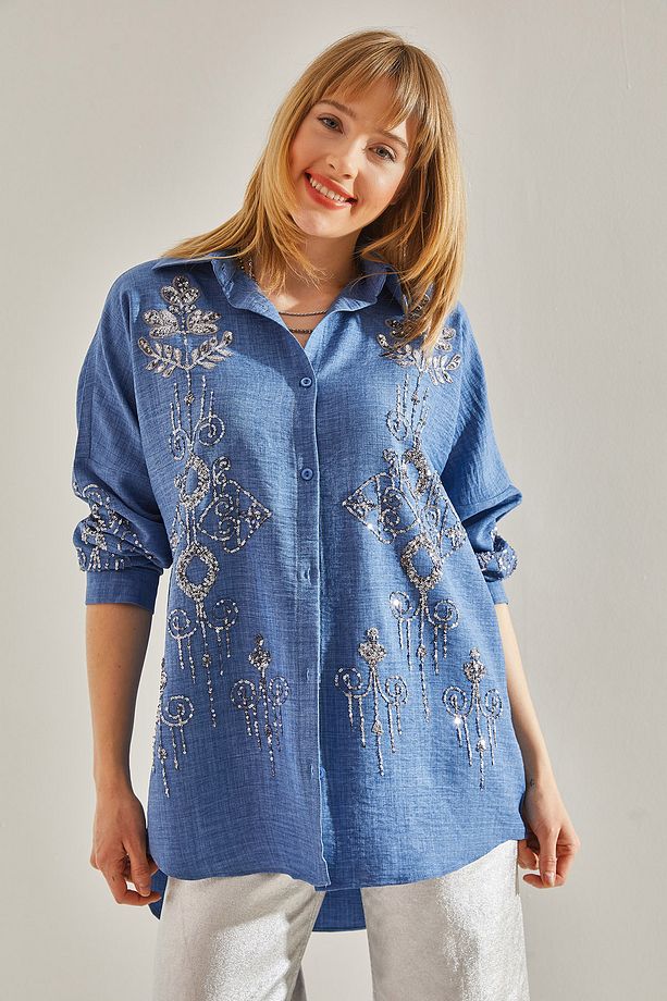 Kadın Mavi Işlemeli Taşlı Oversize Gömlek 60251031 - 6