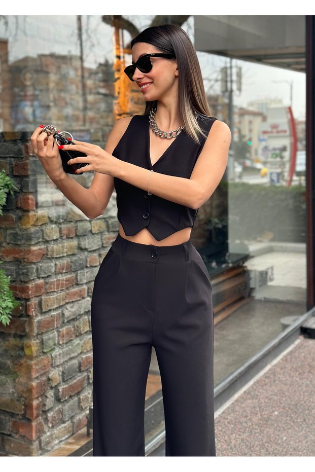 Women's Black Crepe Fabric Vest High Waist Trousers Set