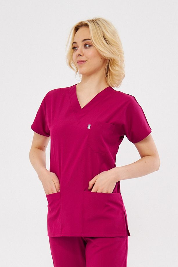 Tek Üst Vişne Likralı Unisex Yarasa Kol Hemşire Ve Doktor Üniforması Scrubs Hastane Üniforması - 4