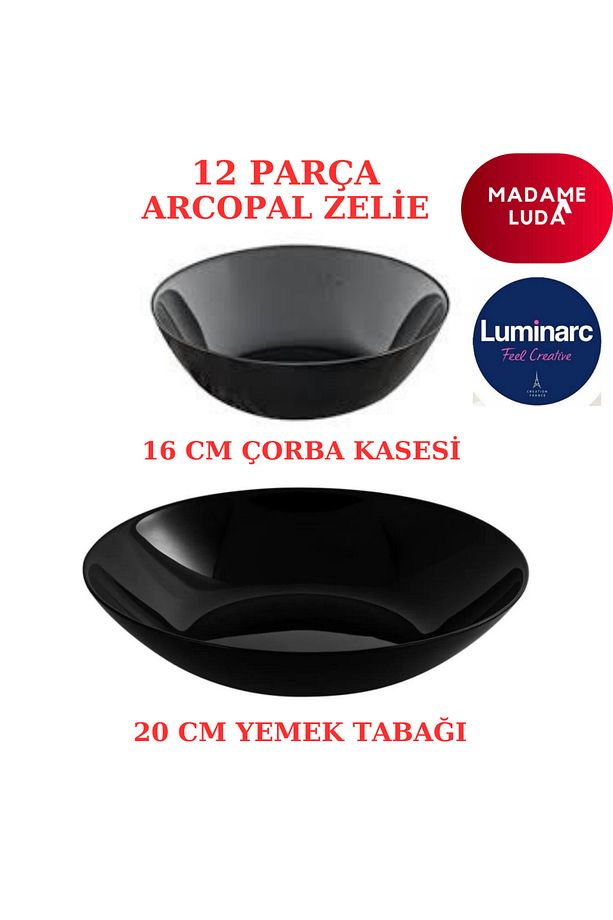 Madame Luda Arcopal Zelie Siyah Yemek Tabağı & Çorba Kasesi.12 Parça 6 Kişilik Yemek Takımı. - 1
