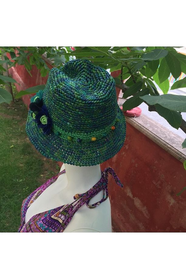 El Örgüsü Tasarım Yazlık Kağıt Ip Fötr Şapka Multicolor Yeşil - 4