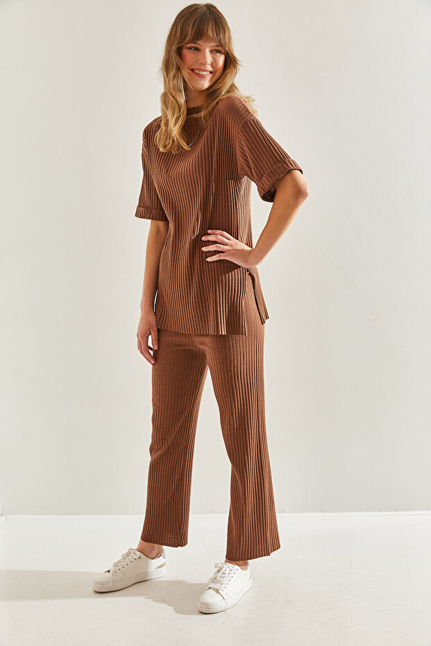 Women's Light Brown Corded Camisole Top and Bottom Set 60201020