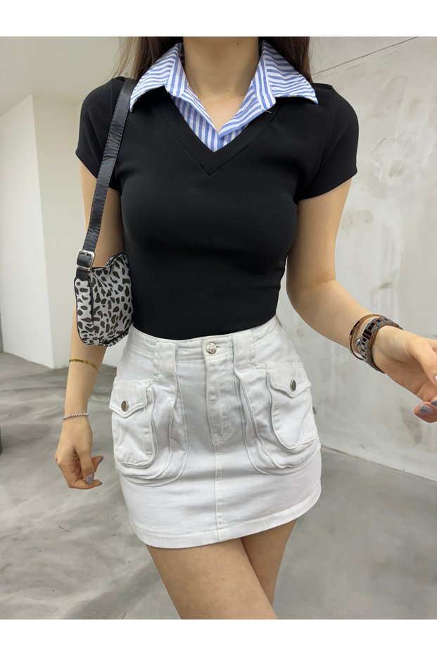 Women's Shirt Collar Detailed Ribbed V-Neck T-Shirt