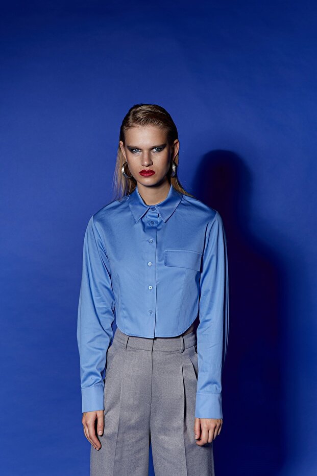 Poplin Mavi Crop Gömlek - 2