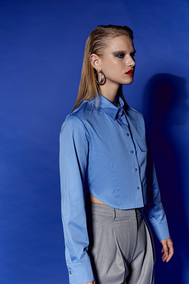 Poplin Mavi Crop Gömlek - 3