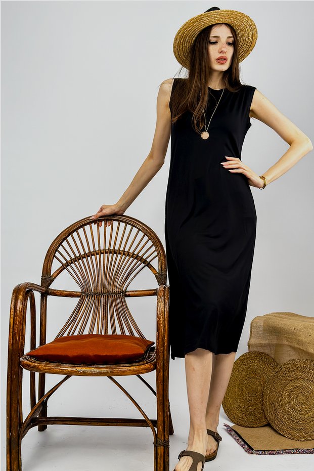 Women's Combed Cotton Long Tunic Dress Zero Sleeve Crew Neck Black