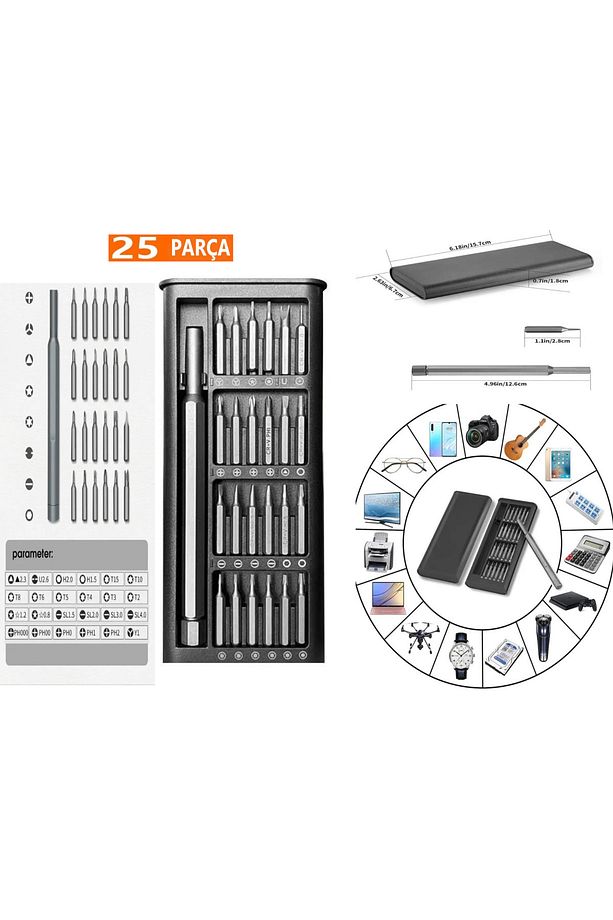 24+1 Hassas Mıknatıslı Tornavida Seti Elektronik Saat Bilgisayar Tamir Tornavidası Çelik - 1