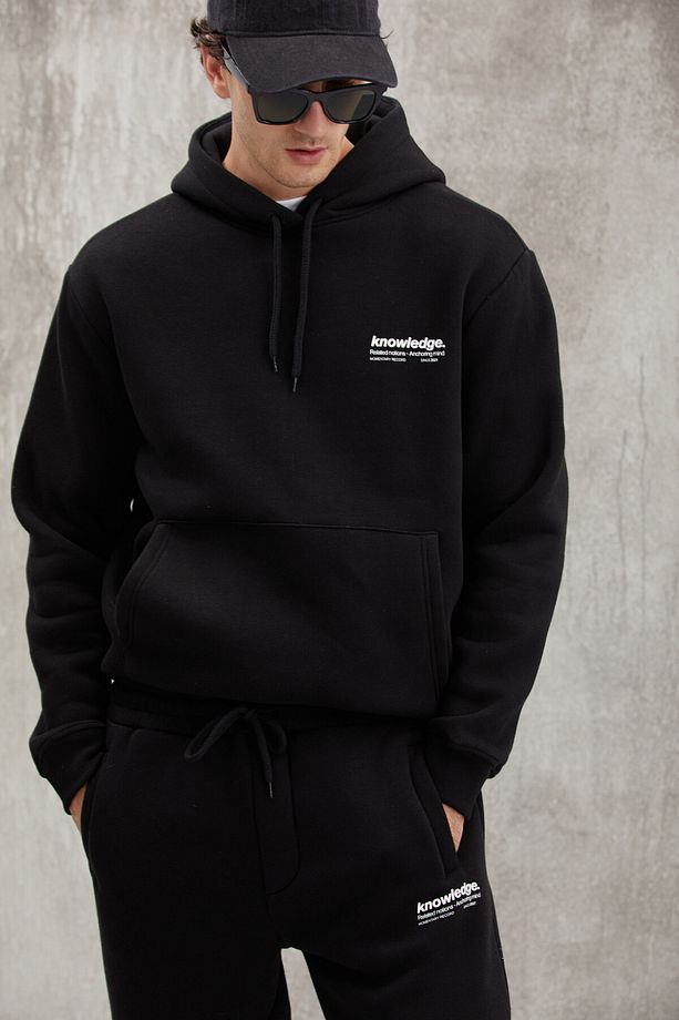 Martel Erkek Yumuşacık Içi Polarlı Baskılı Regular Kordonlu Siyah Sweatshirt - 2