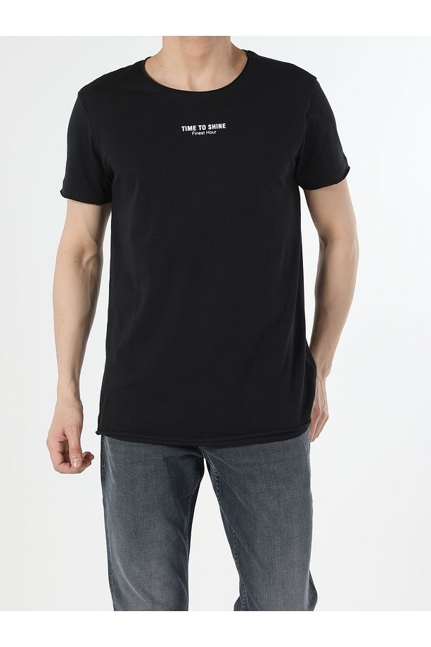 Long Fit Bisiklet Yaka Örme Erkek Siyah Kısa Kol Tişört Cl1053907 - 3