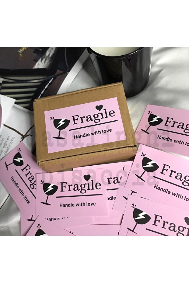 Fragile Handle With Love Attention Breakable Pink Sticker English 8.1x5 Cm - (20 PIECES)