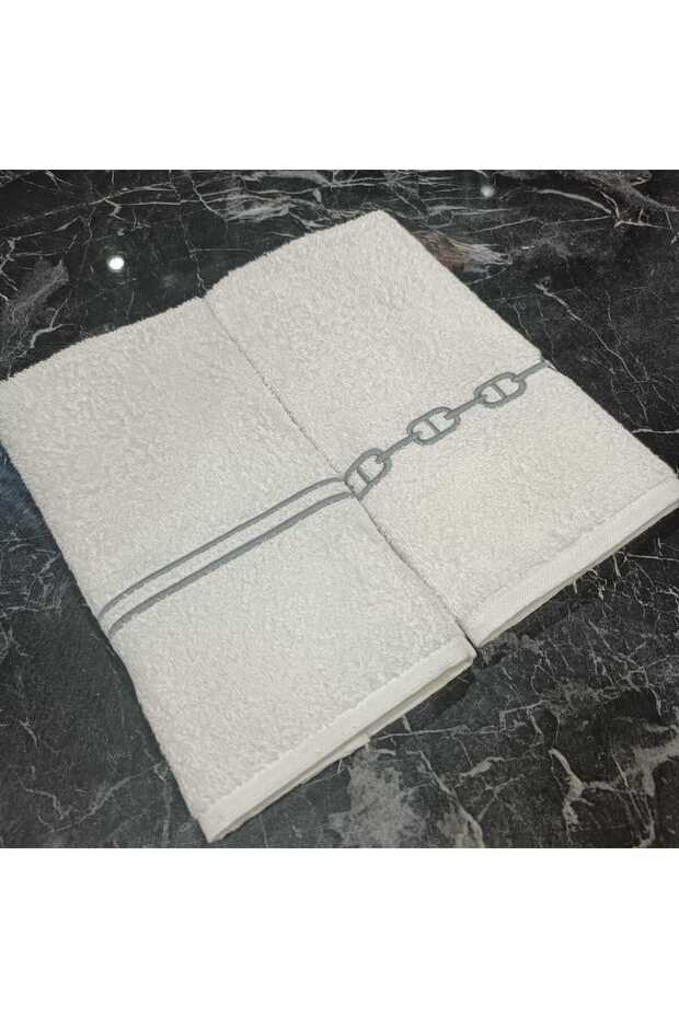 zincir ve sargı nakışlı mutfak havlusu dekoratif pamuklu 2 adet havlu - 2