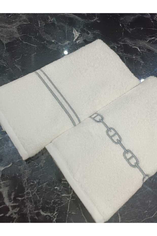 zincir ve sargı nakışlı mutfak havlusu dekoratif pamuklu 2 adet havlu - 4